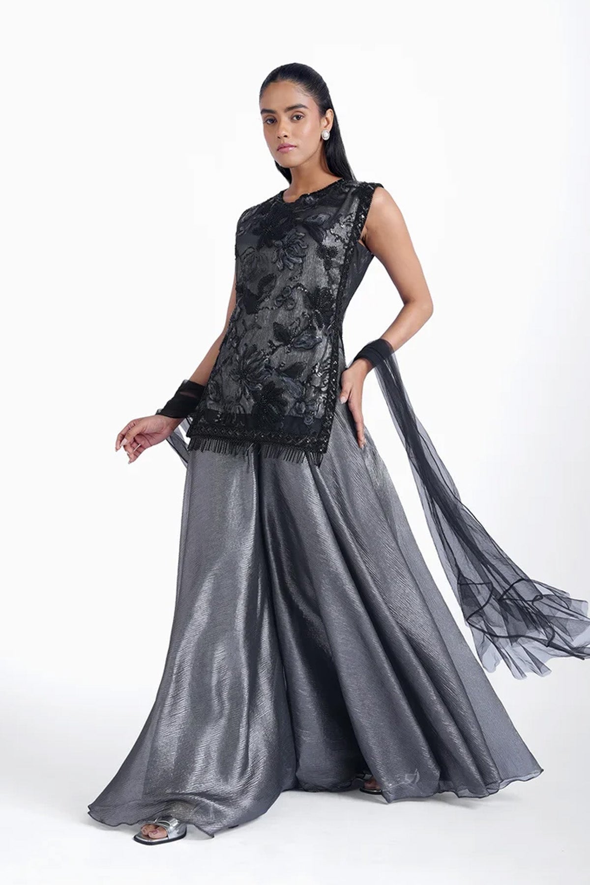 Black and silver straight top with palazzo and choker dupatta set