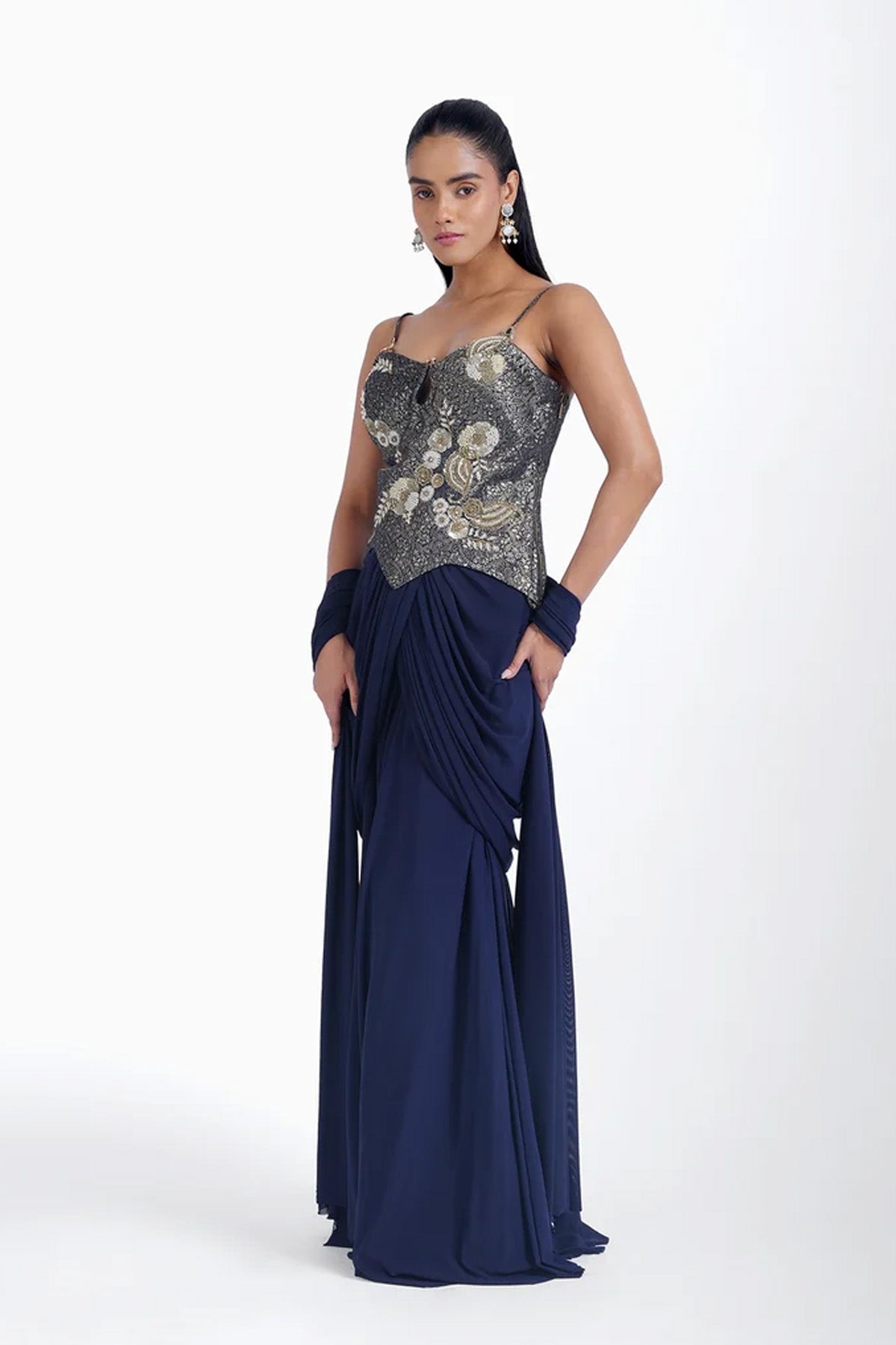 Dark ink blue brocade top and draped skirt in lycra set