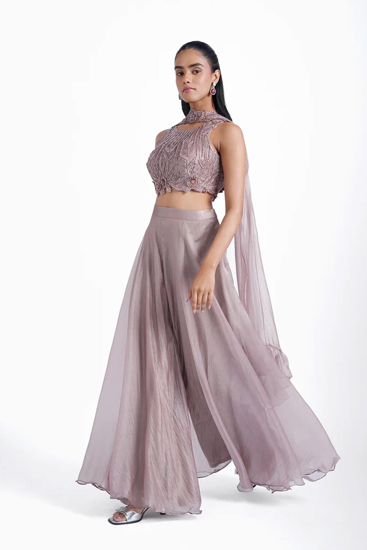 Dusty copper top and palazzo with choker dupatta set in shiny organza