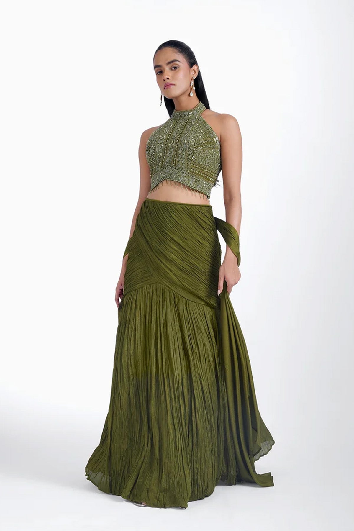 Olive green fishcut skirt and halter neck top set