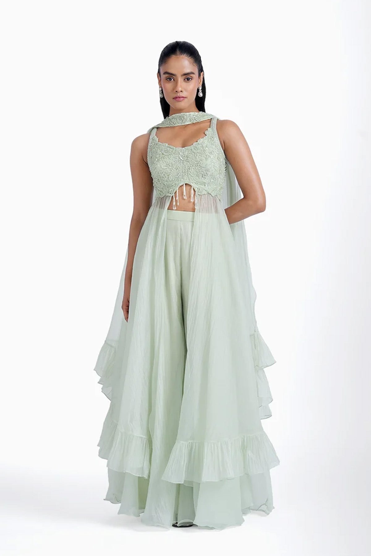 Mint green long top and palazzo with choker dupatta set in organza