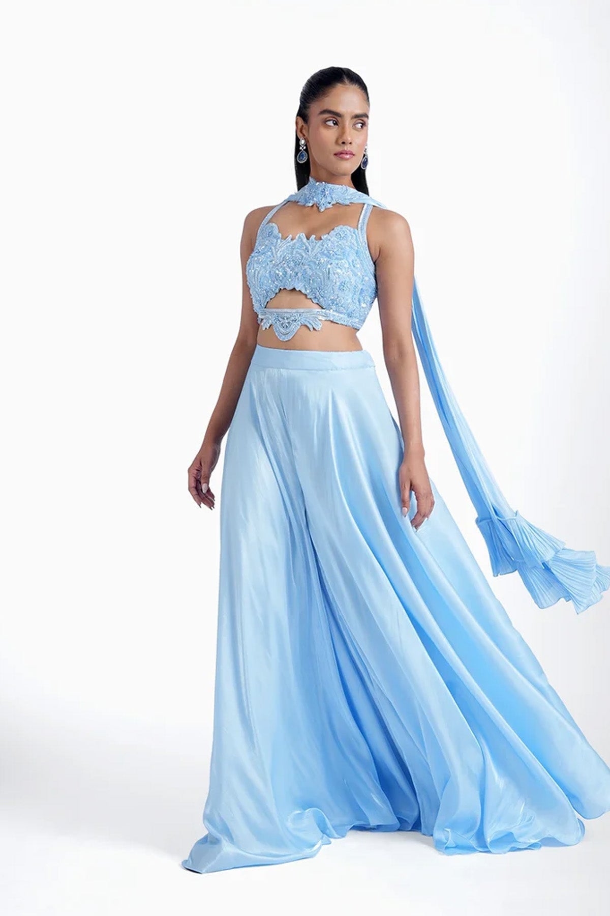 Bright blue hand embroidered top with palazzo and choker dupatta set in shiny imported tissue