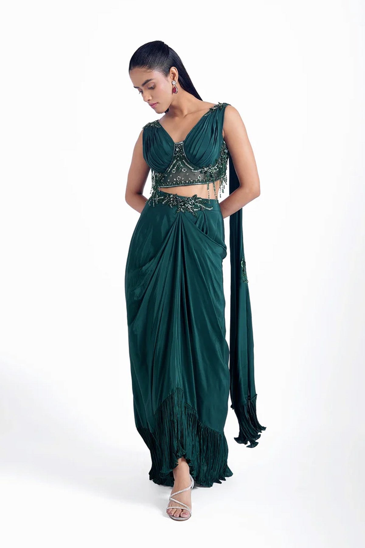 Dark emerald green draped skirt with a fancy blouse set