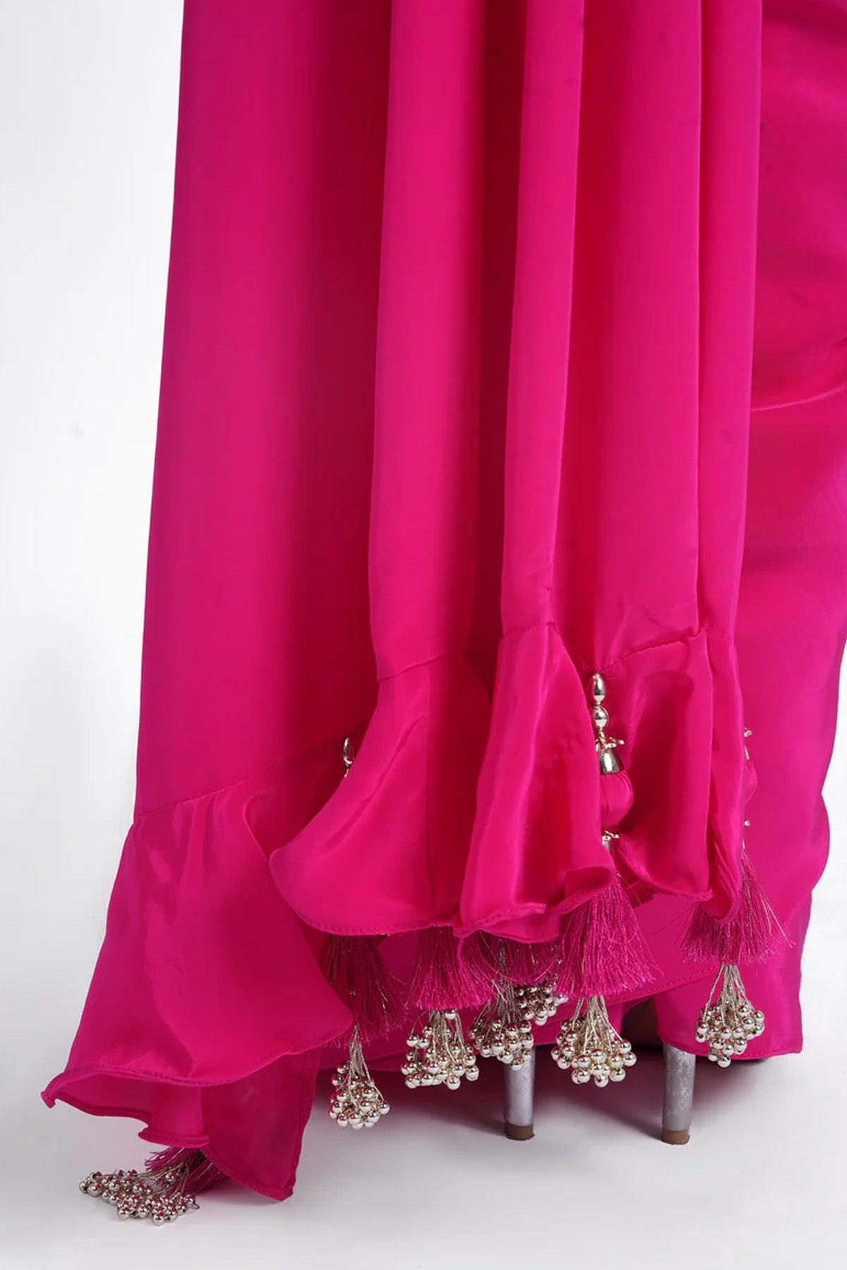 Rani pink pre-draped saree in crepe with spaghetti blouse and belt set