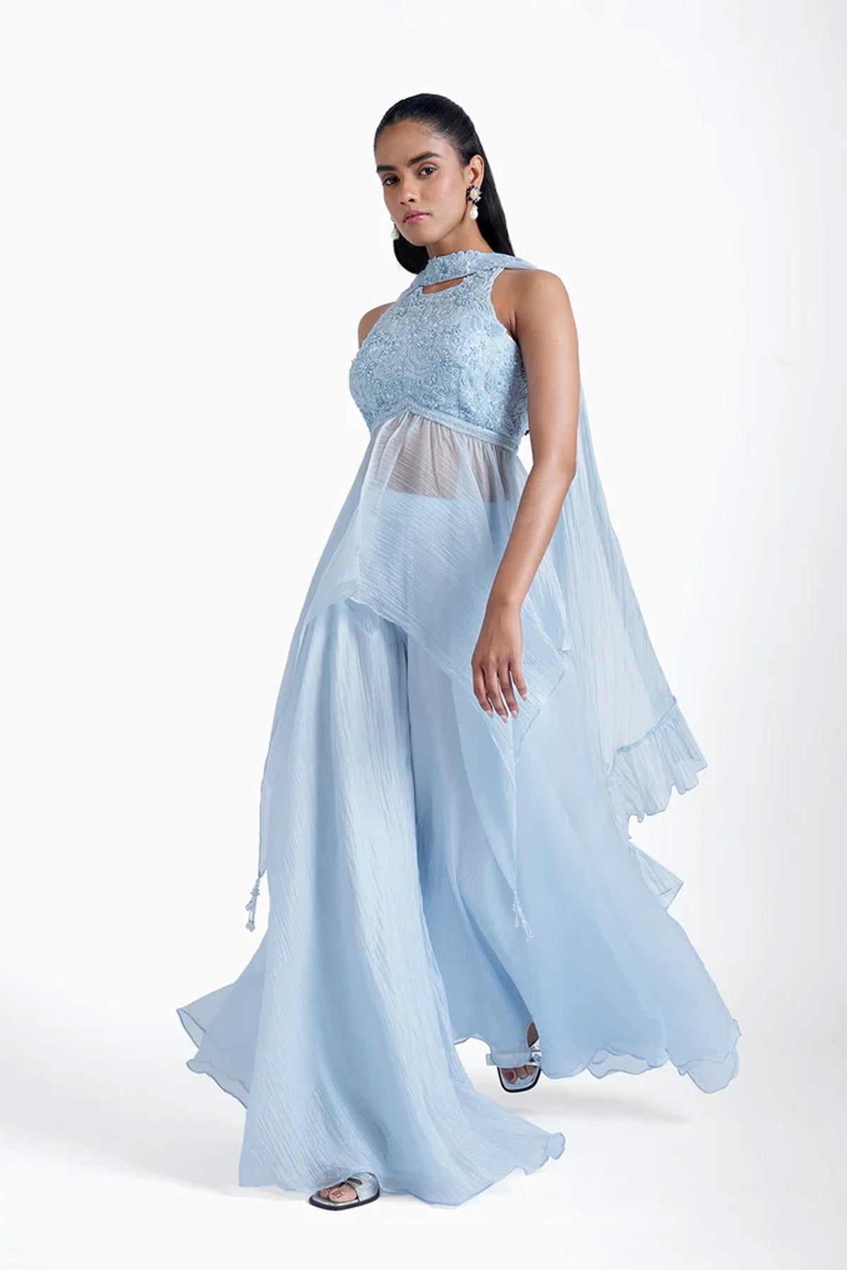 Ice blue palazzo and long top with choker dupatta set in organza