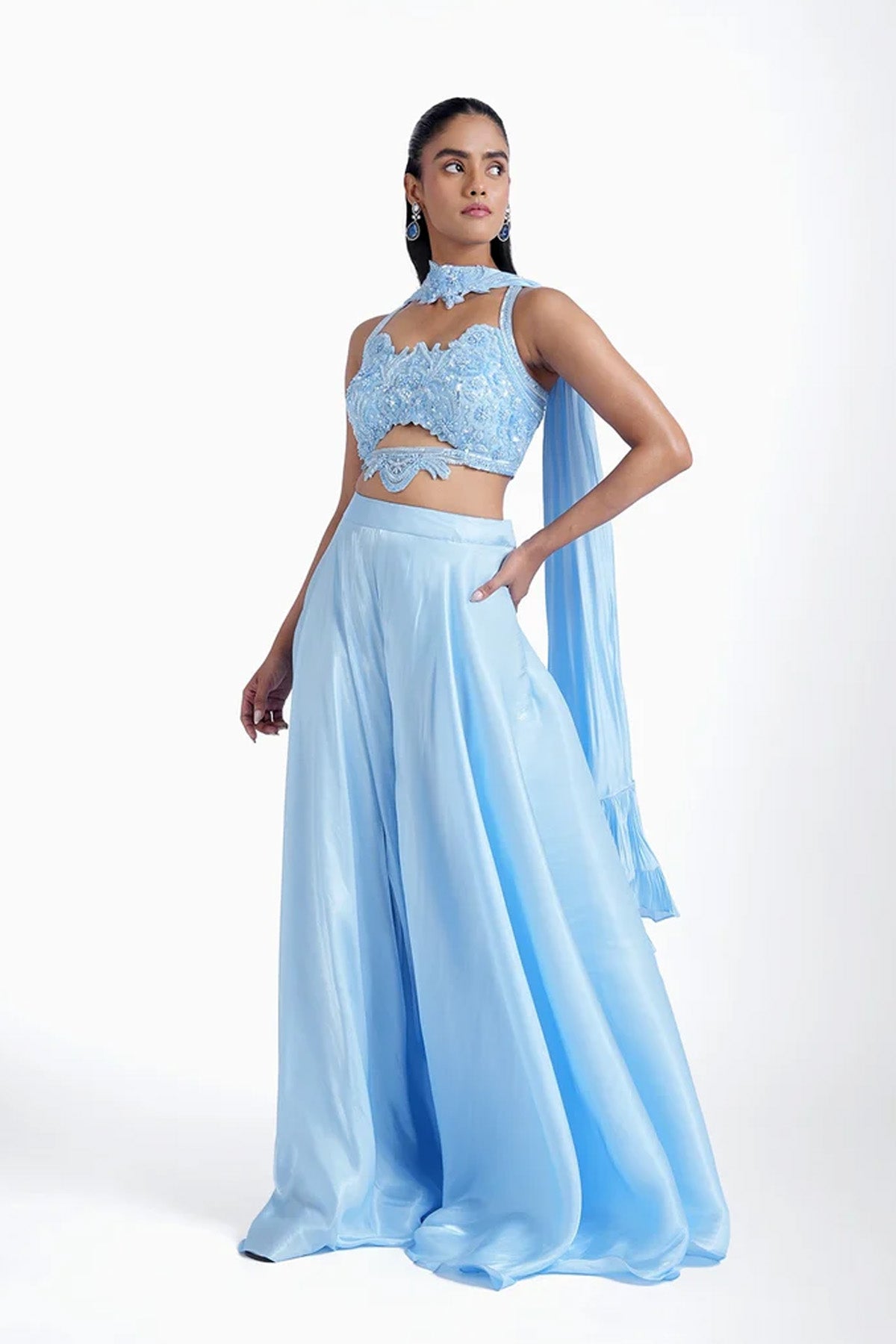 Bright blue hand embroidered top with palazzo and choker dupatta set in shiny imported tissue