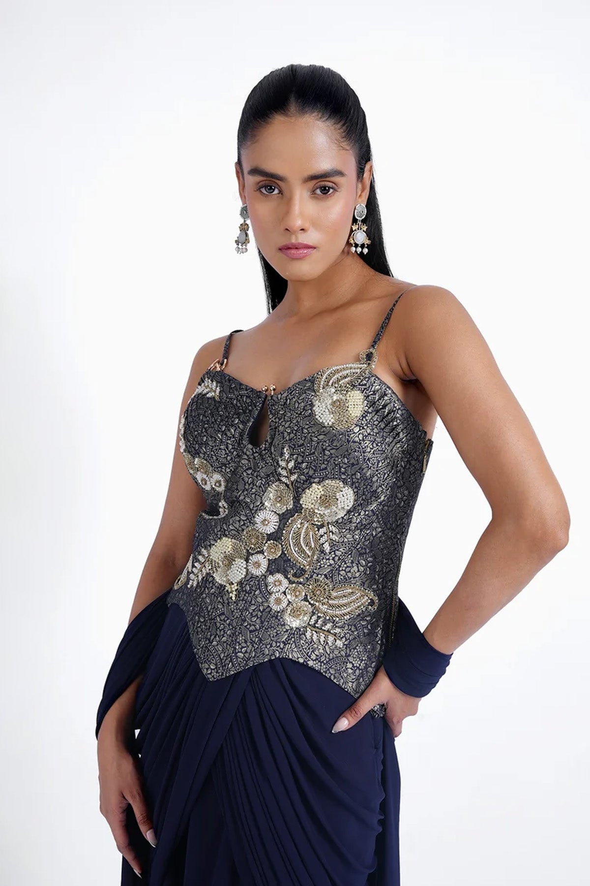 Dark ink blue brocade top and draped skirt in lycra set