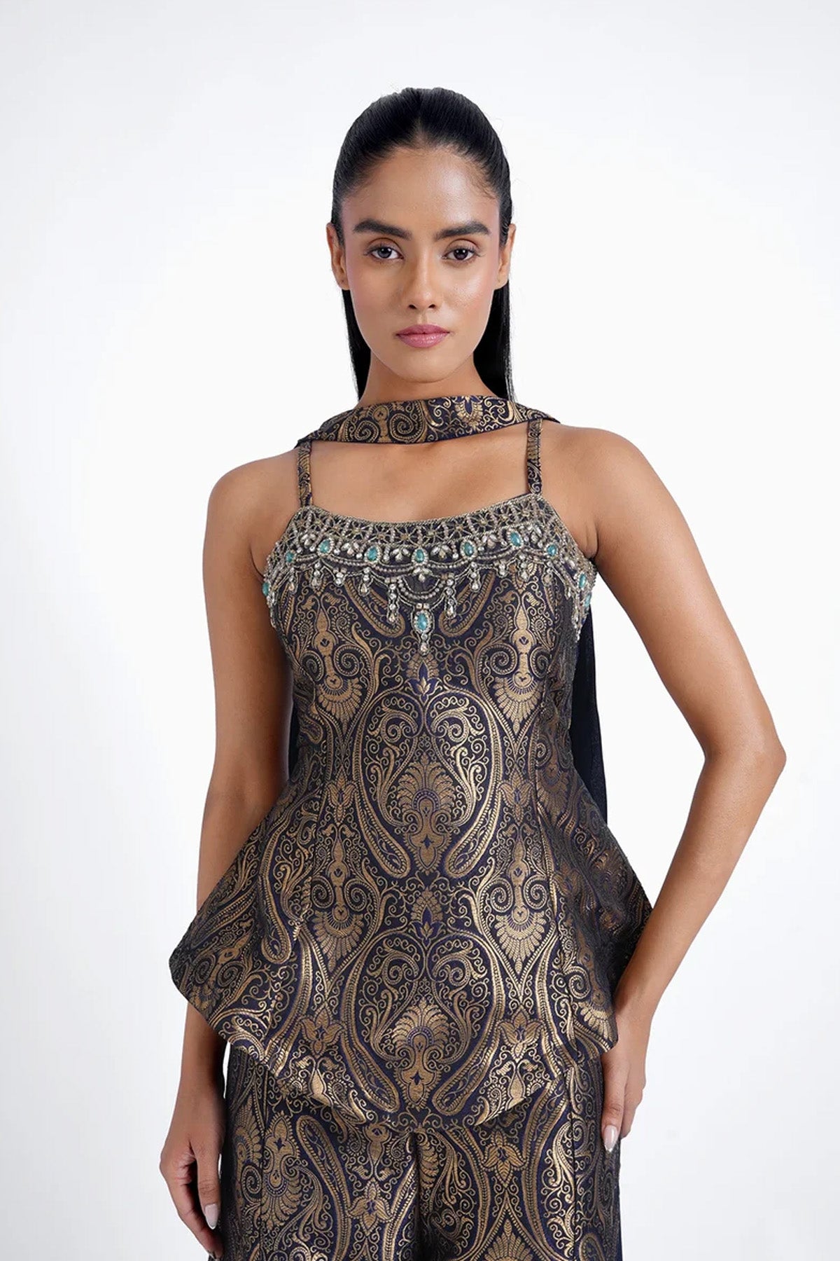 Black and gold peplum top and pant with choker dupatta set