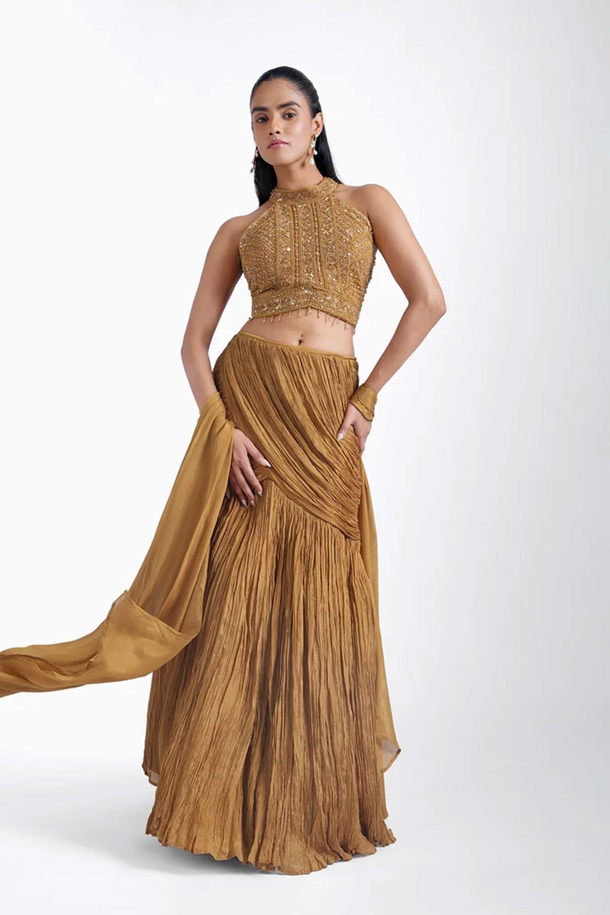 Mustard yellow fishcut skirt and halter neck top set
