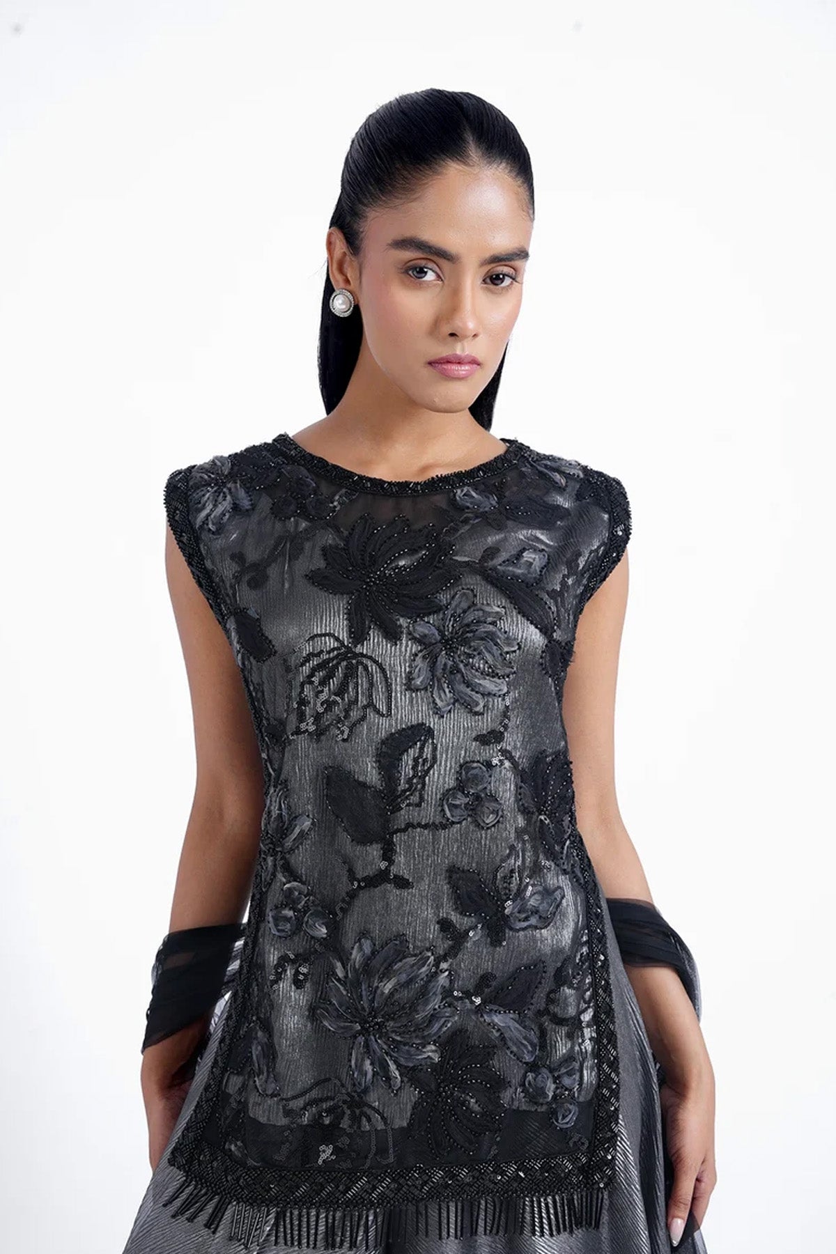 Black and silver straight top with palazzo and choker dupatta set