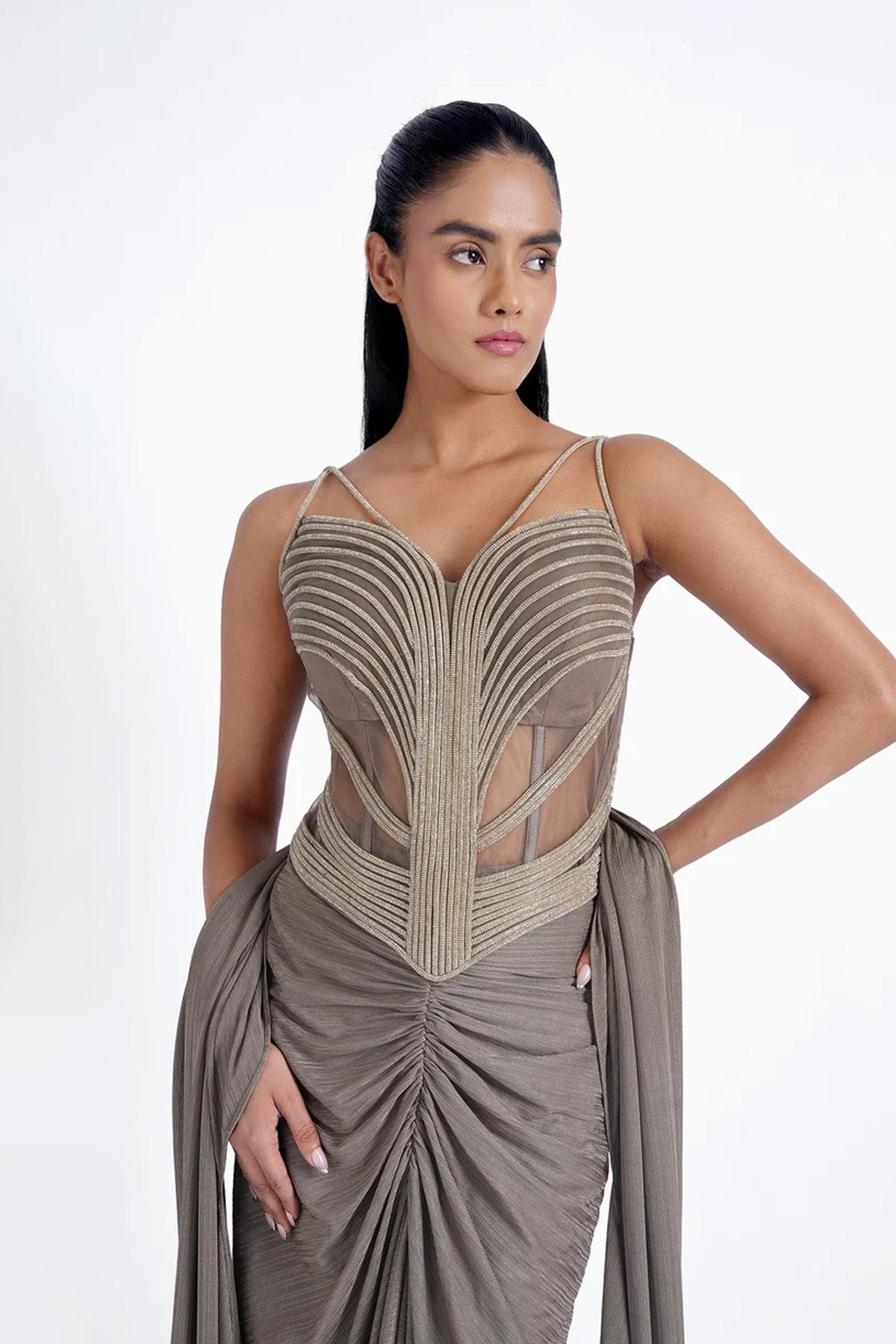 Light greyish brown draped skirt and corset blouse set with rhinestone lace set