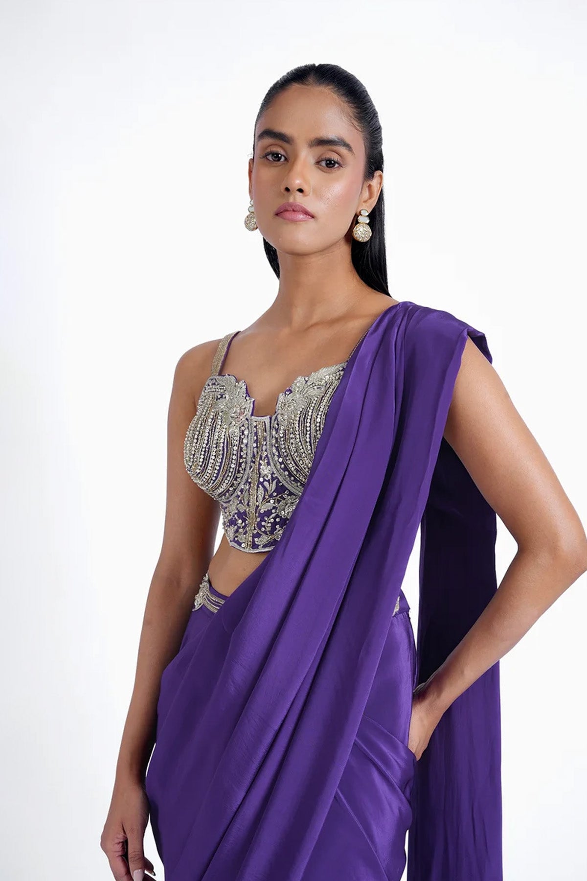 Purple pre-draped saree in crepe with katori style blouse set