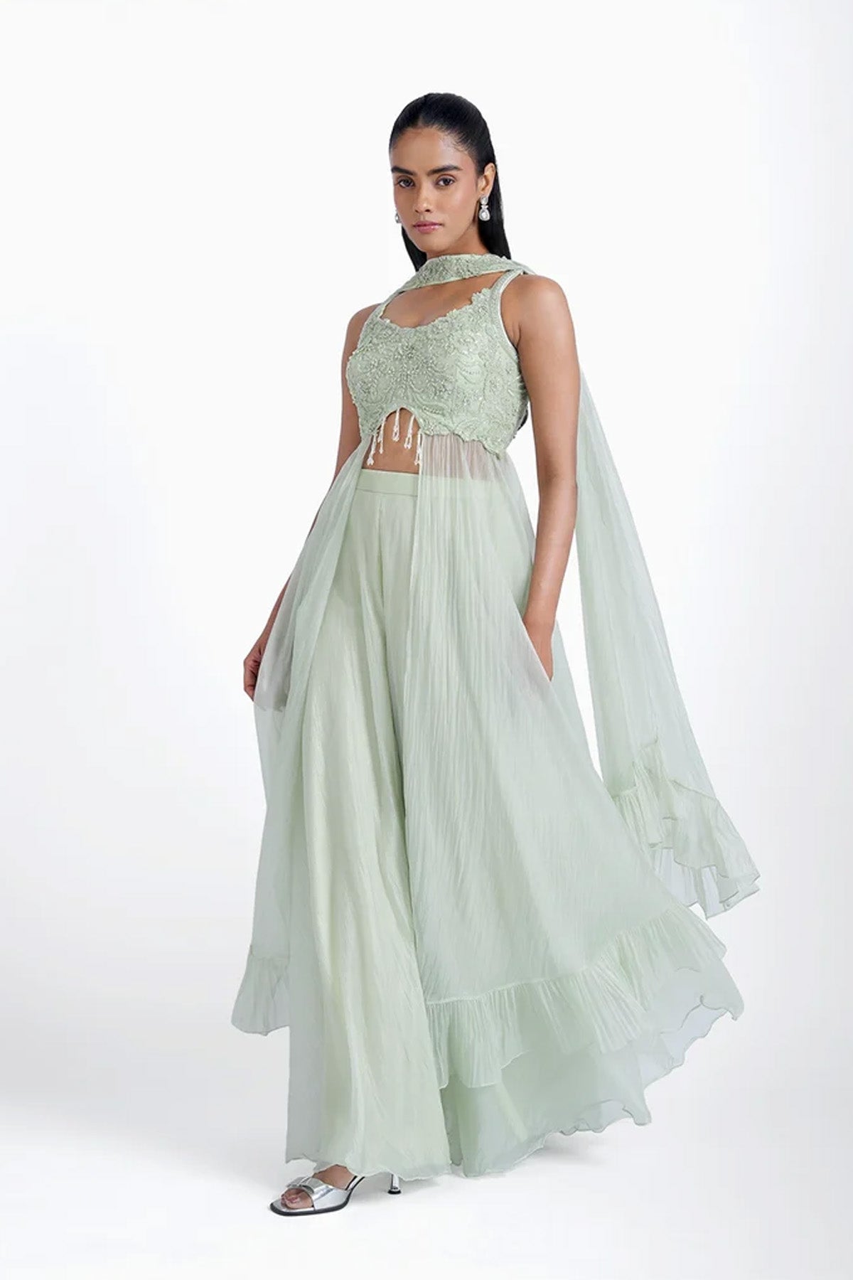 Mint green long top and palazzo with choker dupatta set in organza