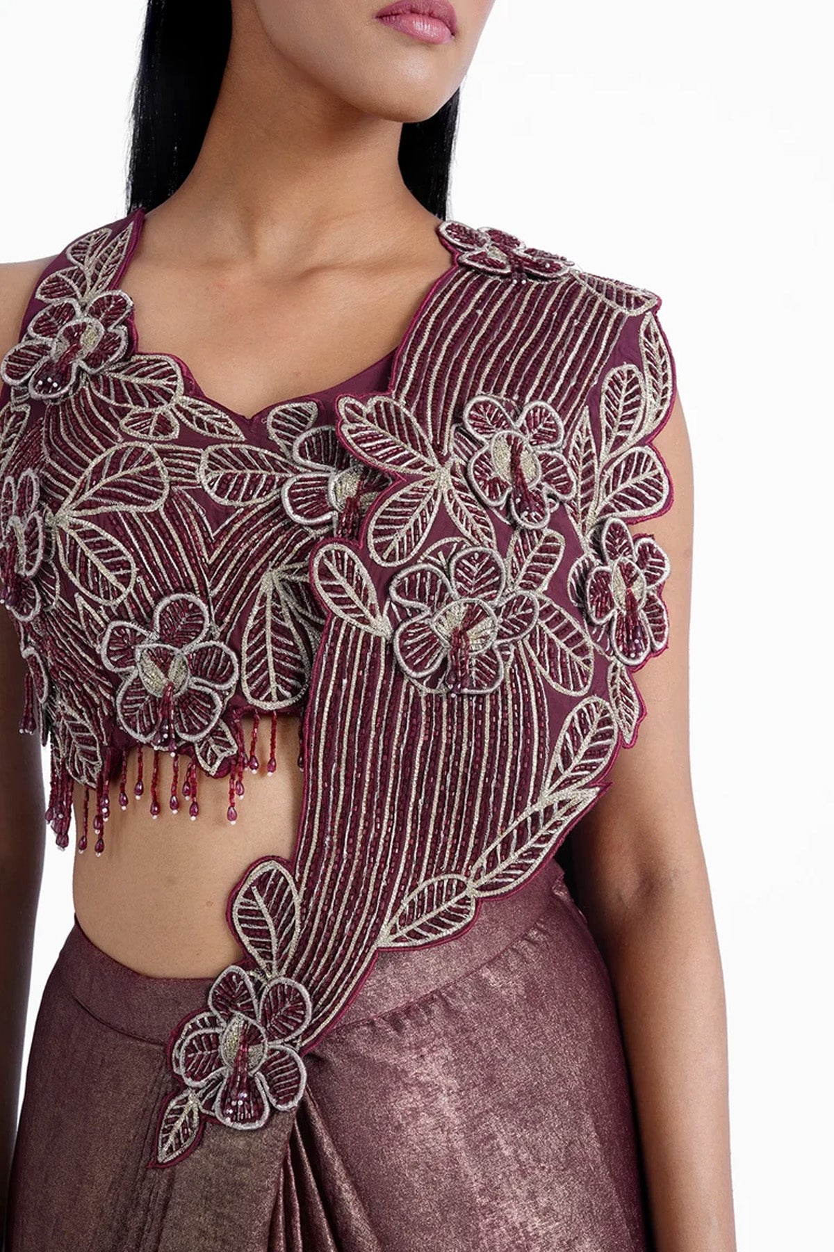 Maroon gold pre-draped saree with fancy pallu and blouse set