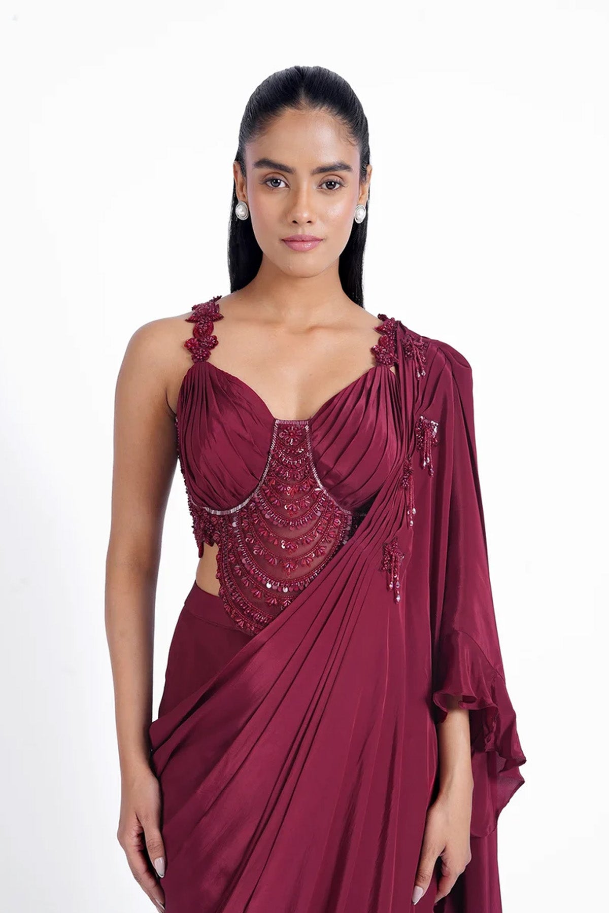 Dark crimson red pre-draped saree with fancy blouse set