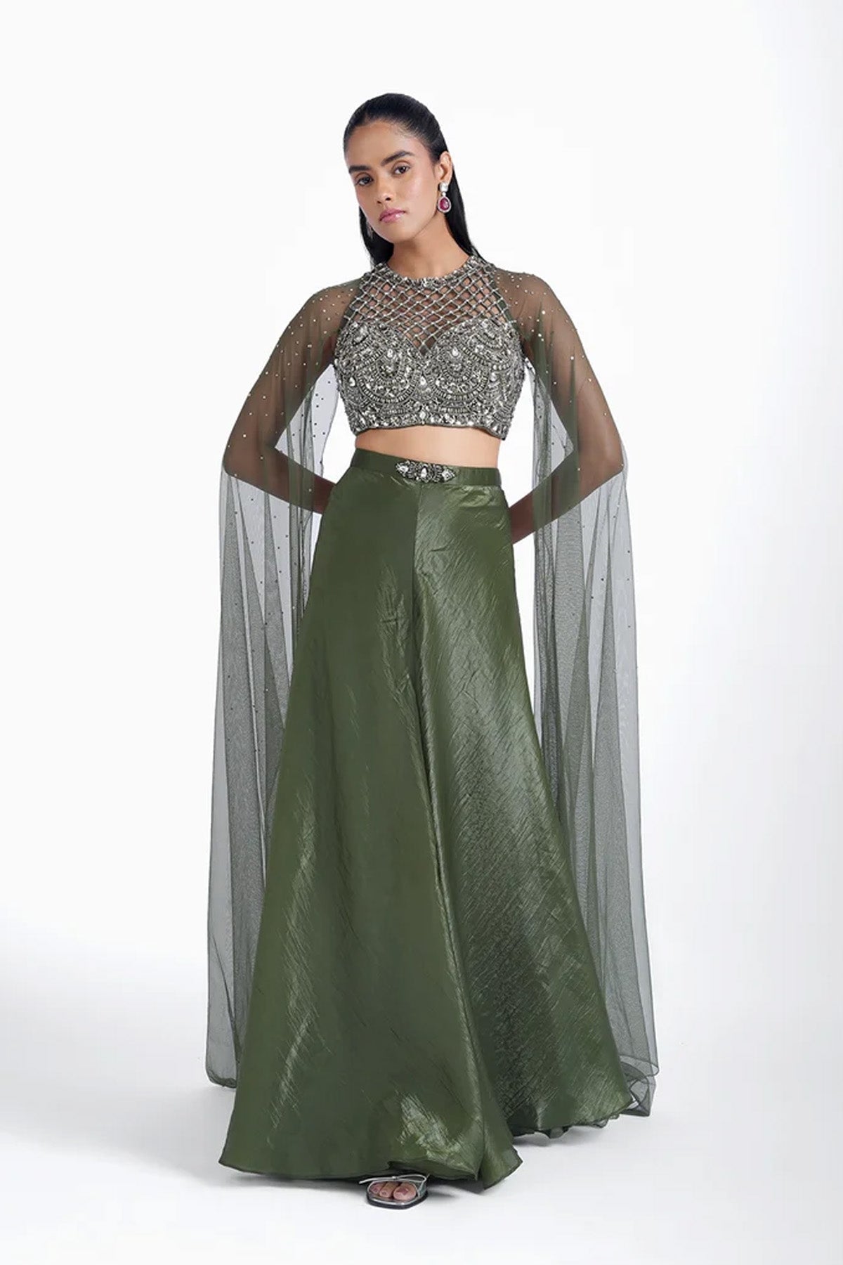 Mehendi green halter neck top with cape sleeves and palazzo set