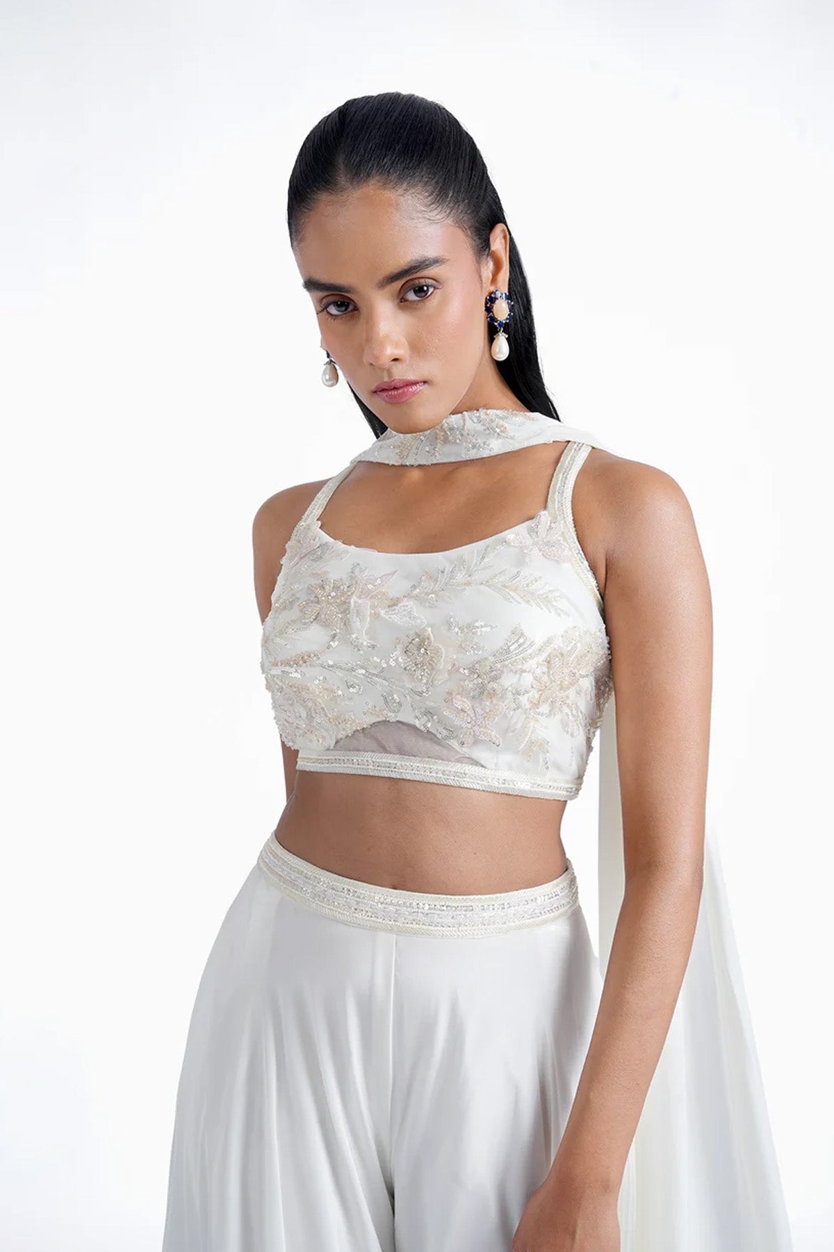 Ivory spaghetti top with palazzo and choker dupatta in crepe