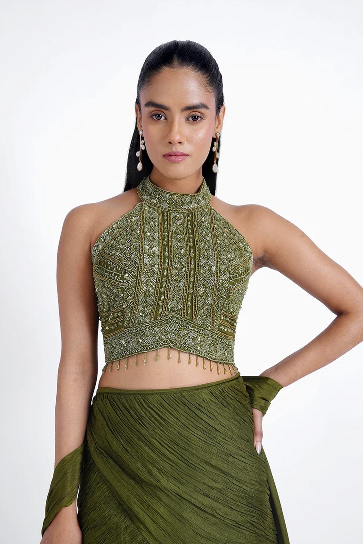 Olive green fishcut skirt and halter neck top set