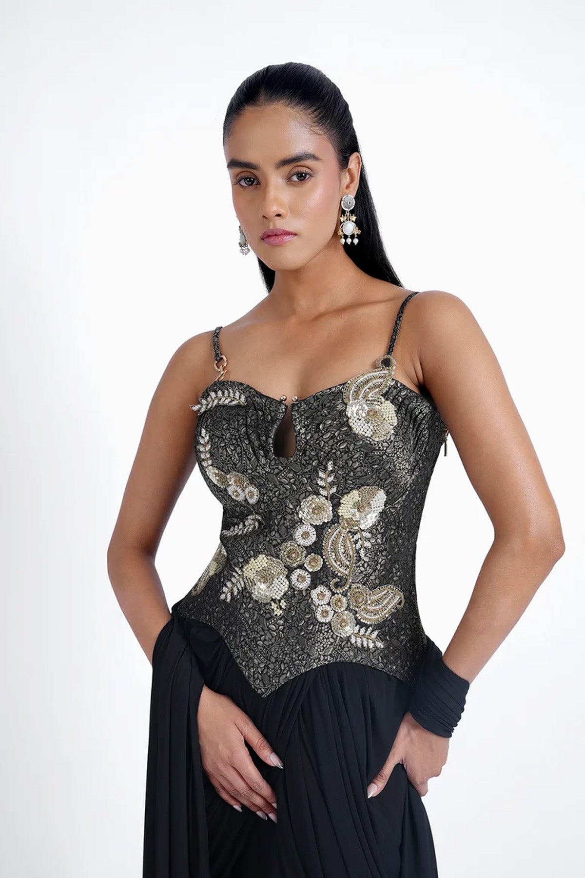 Black brocade top and draped skirt in lycra set