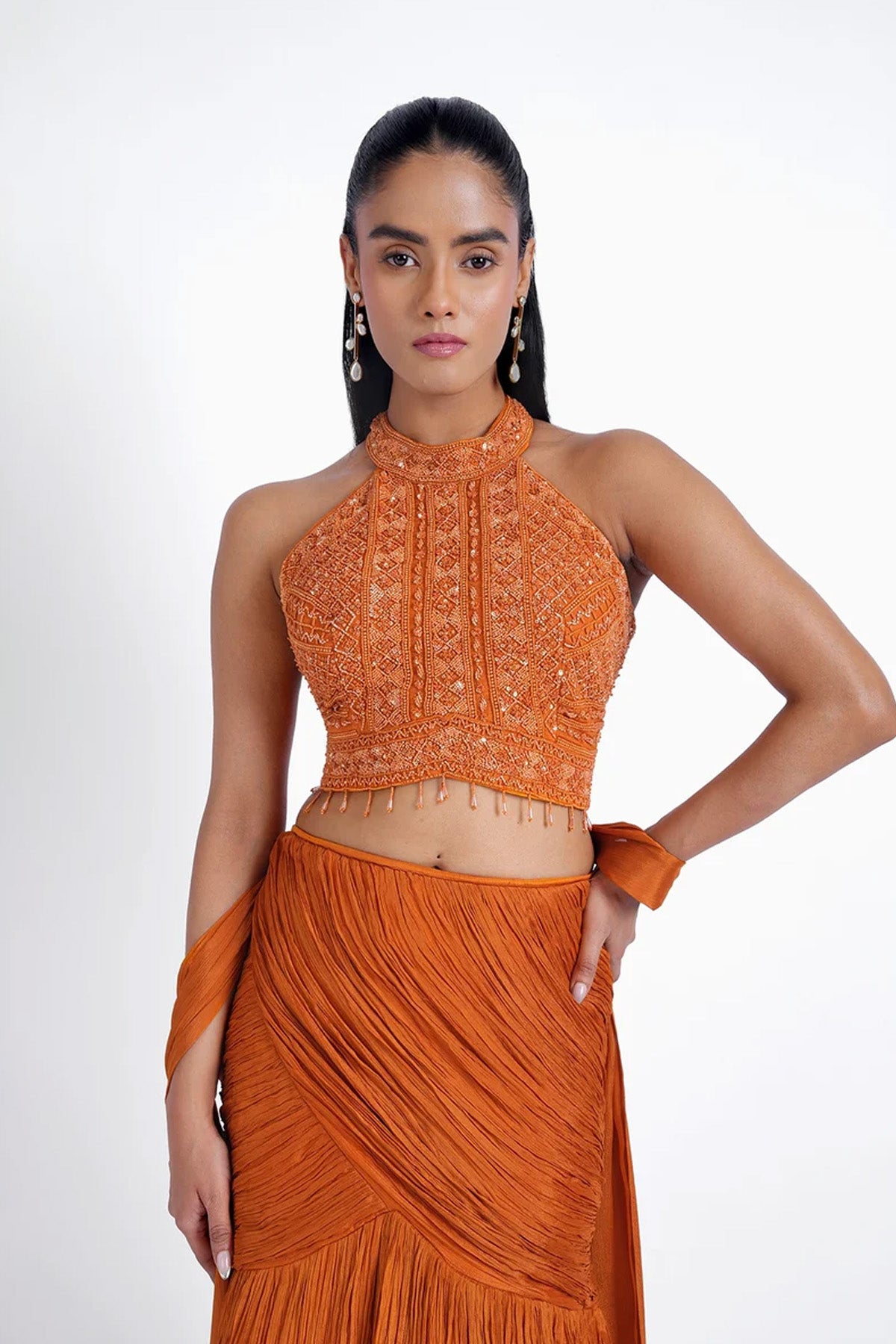 Rust orange fishcut skirt and halter neck top set