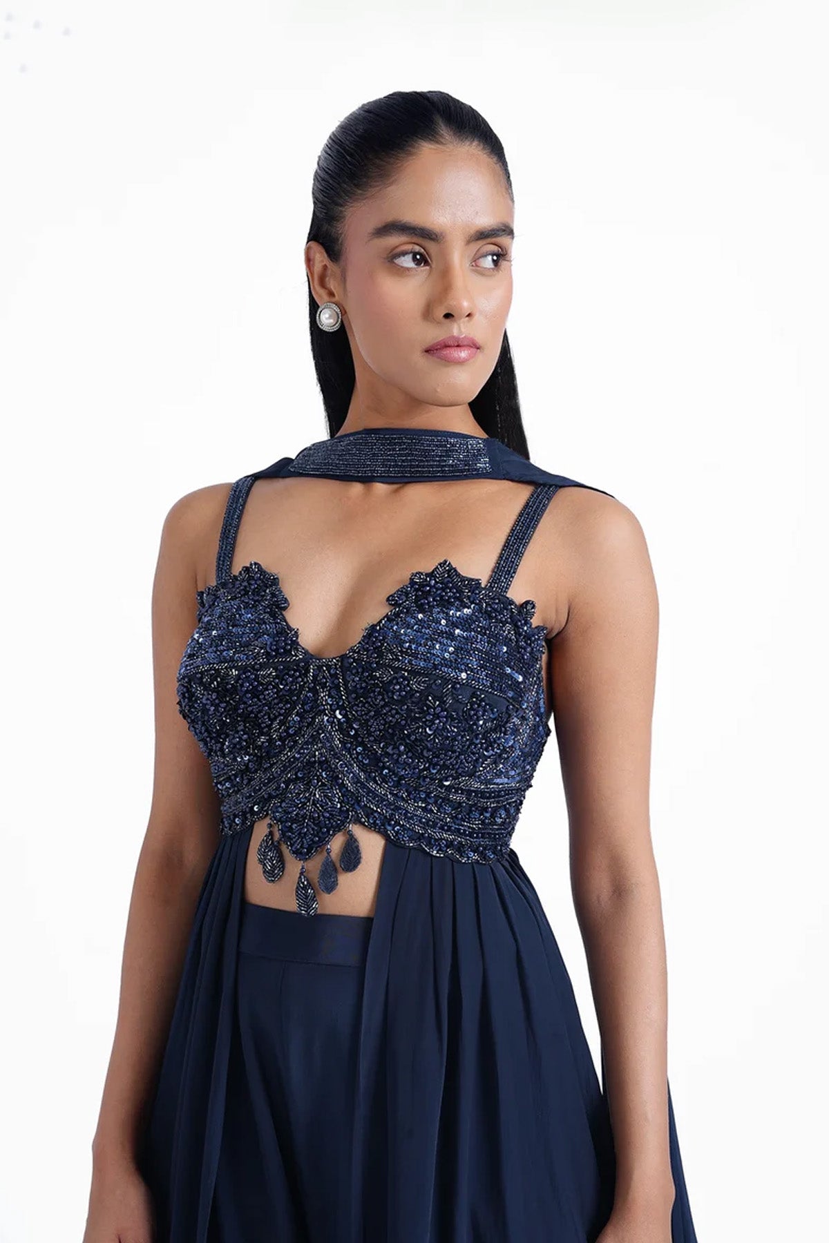 Dark navy blue long top and palazzo with a choker dupatta set