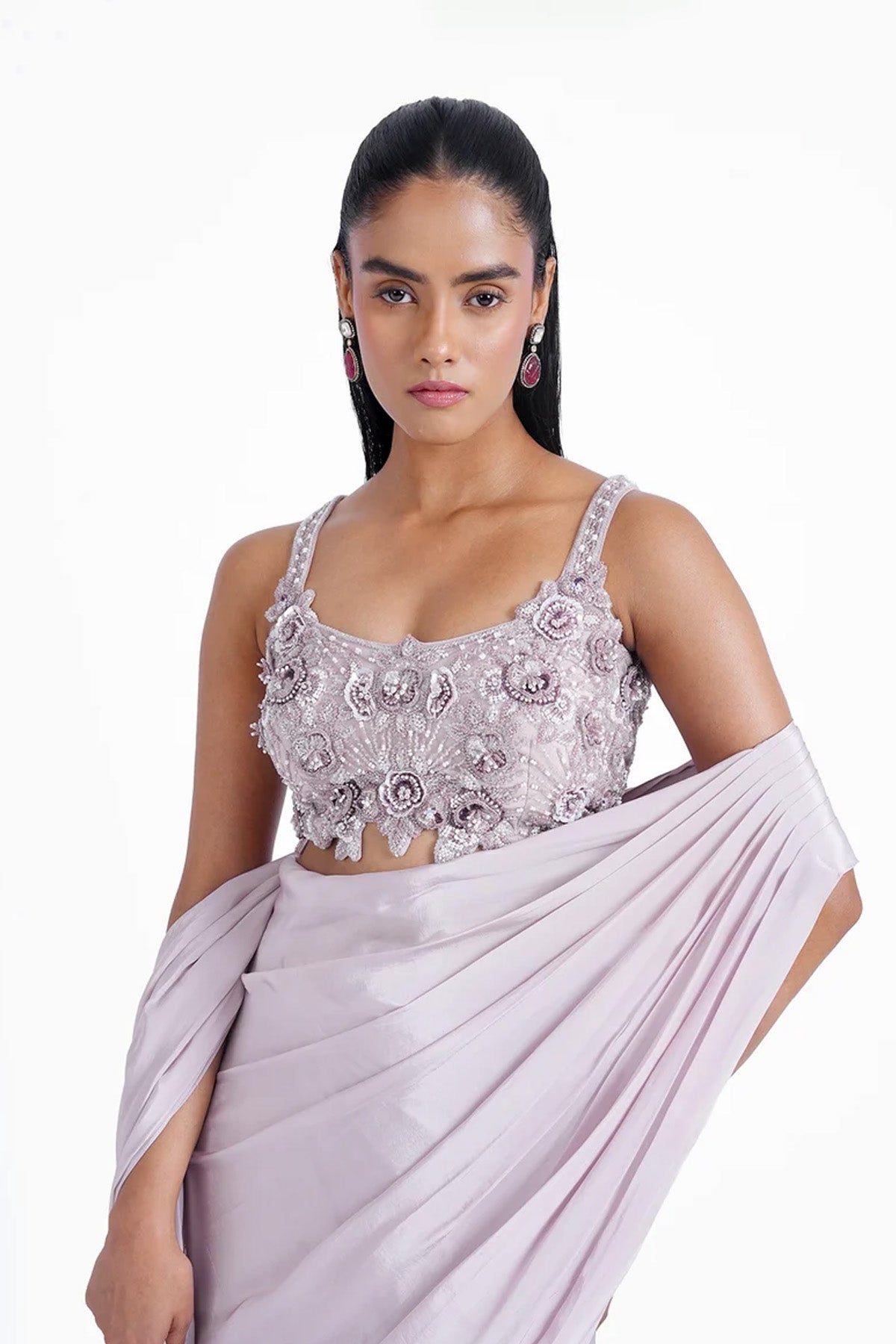 Light lilac 3-tiered fishcut pre-draped saree with spaghetti blouse set