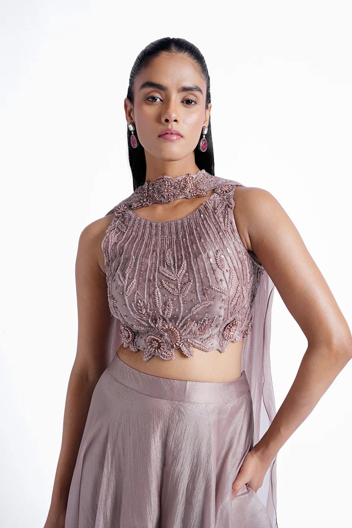 Dusty copper top and palazzo with choker dupatta set in shiny organza