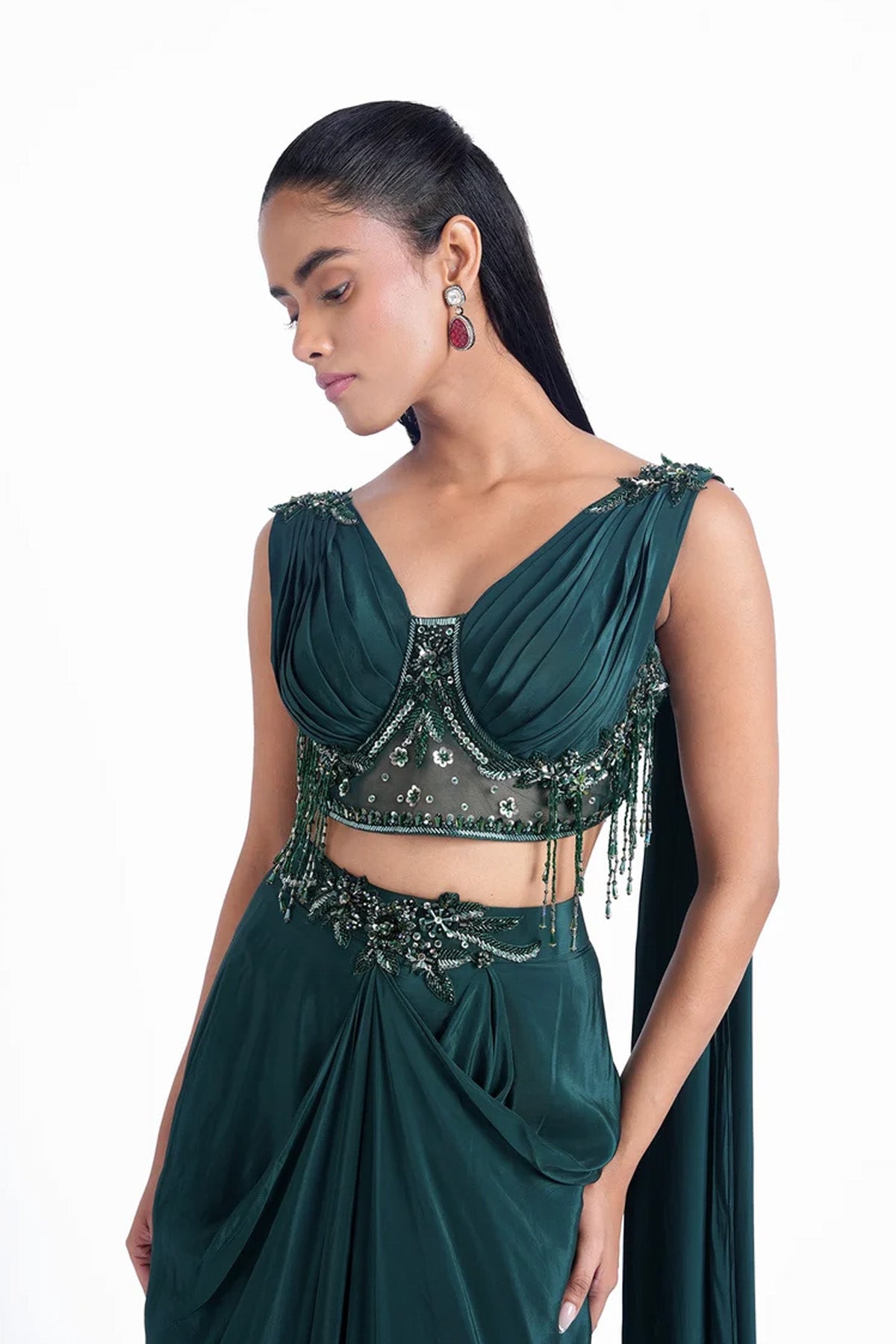 Dark emerald green draped skirt with a fancy blouse set