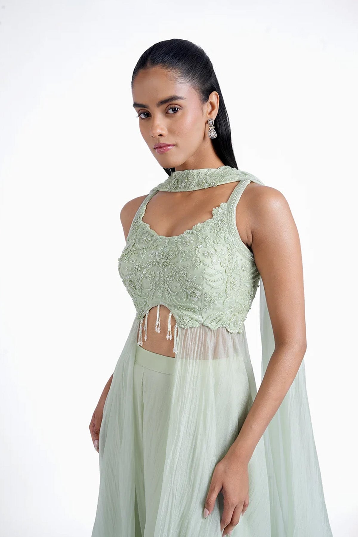 Mint green long top and palazzo with choker dupatta set in organza