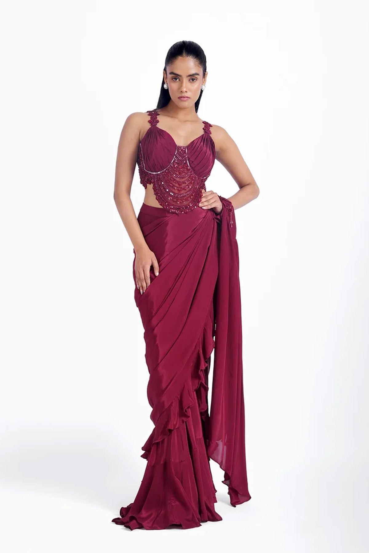 Dark crimson red pre-draped saree with fancy blouse set