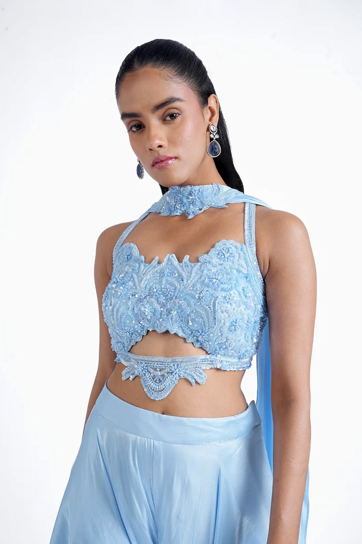 Bright blue hand embroidered top with palazzo and choker dupatta set in shiny imported tissue