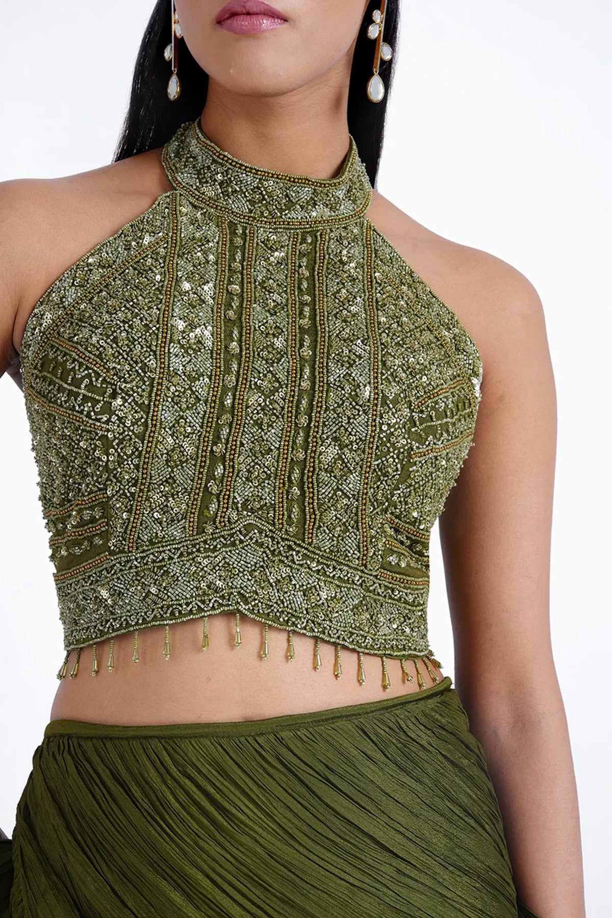 Olive green fishcut skirt and halter neck top set
