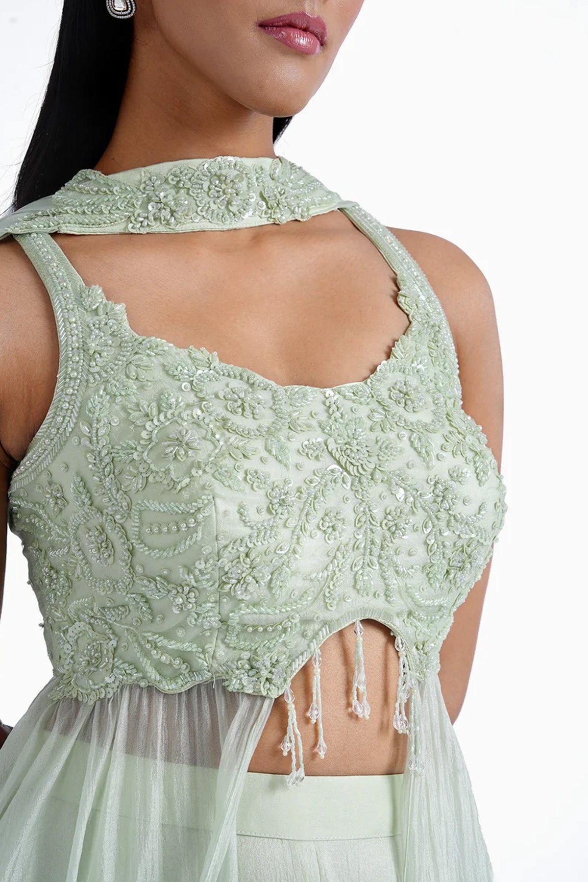 Mint green long top and palazzo with choker dupatta set in organza