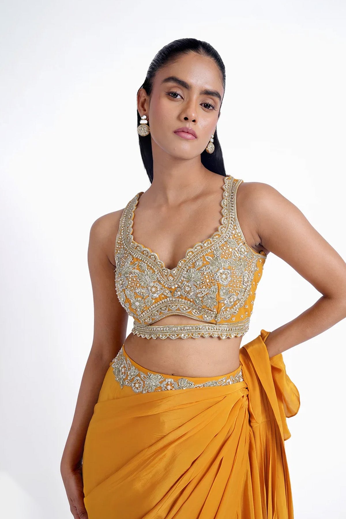 Chrome yellow ruffle pre-draped saree in crepe with hand embroidered blouse set