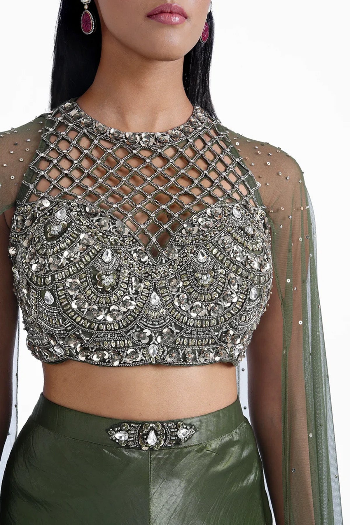 Mehendi green halter neck top with cape sleeves and palazzo set