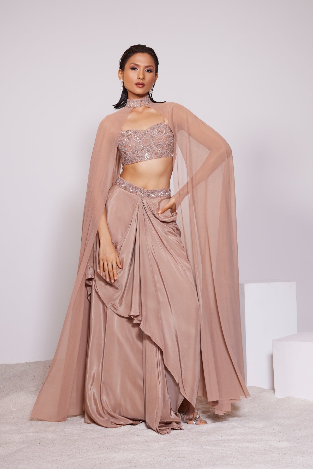 Sandstone Brown Draped Skirt Set