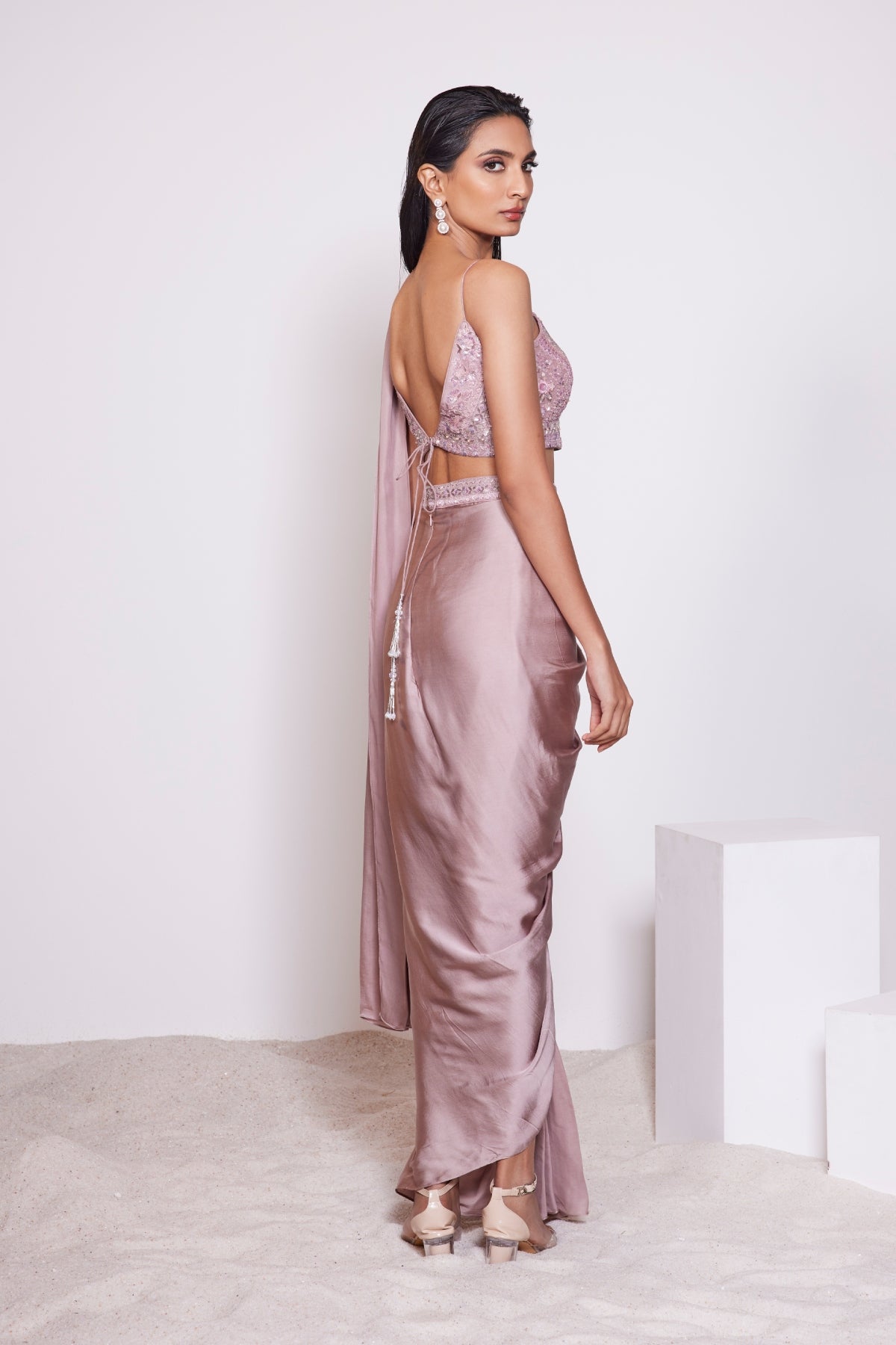 Light Dusty Mauve Pre-draped Saree in Crepe Satin and Hand Embroidered V-neck Top