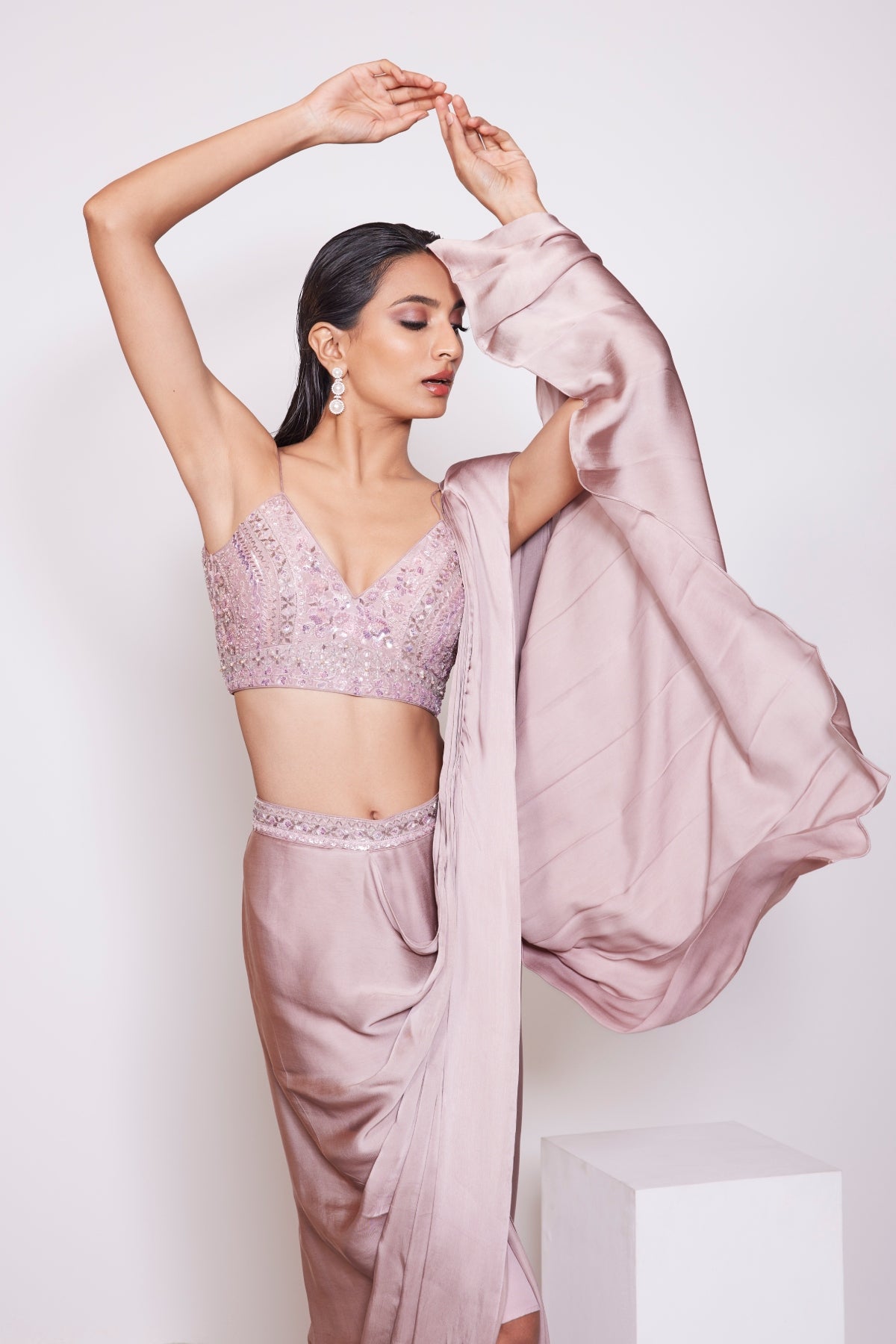 Light Dusty Mauve Pre-draped Saree in Crepe Satin and Hand Embroidered V-neck Top