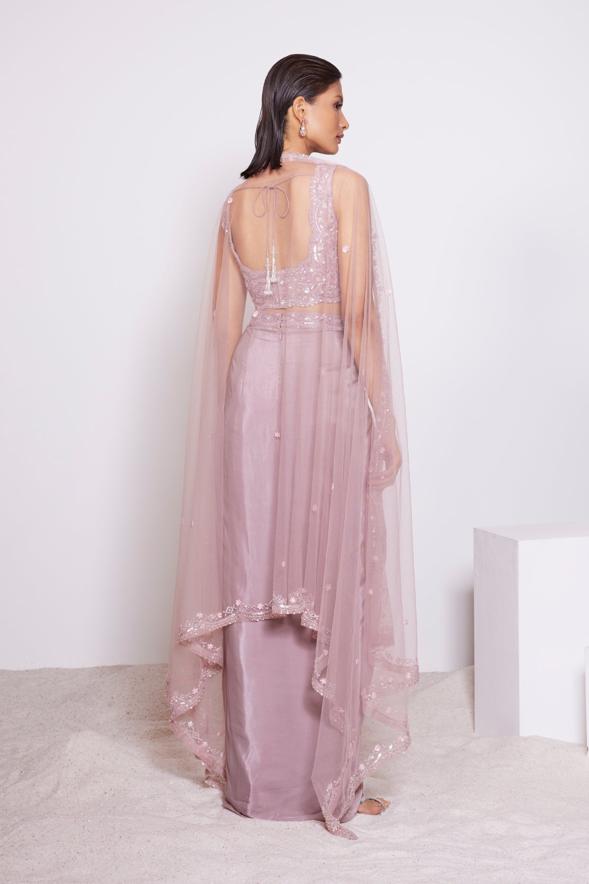 Light Dusty Mauve Draped Skirt With Hand Embroidered Blouse and Dupatta