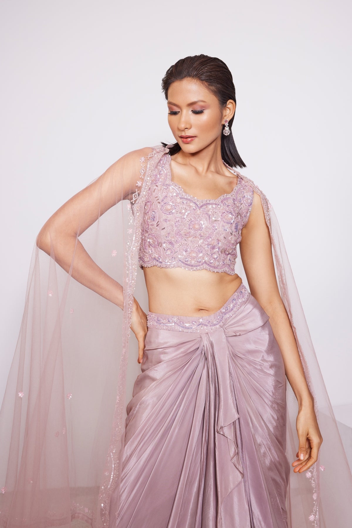 Light Dusty Mauve Draped Skirt With Hand Embroidered Blouse and Dupatta