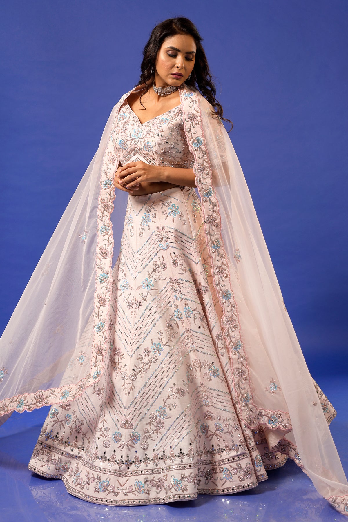 PANIHARI---Light Pink Geometric Embroidered Lehenga Set in Raw Silk