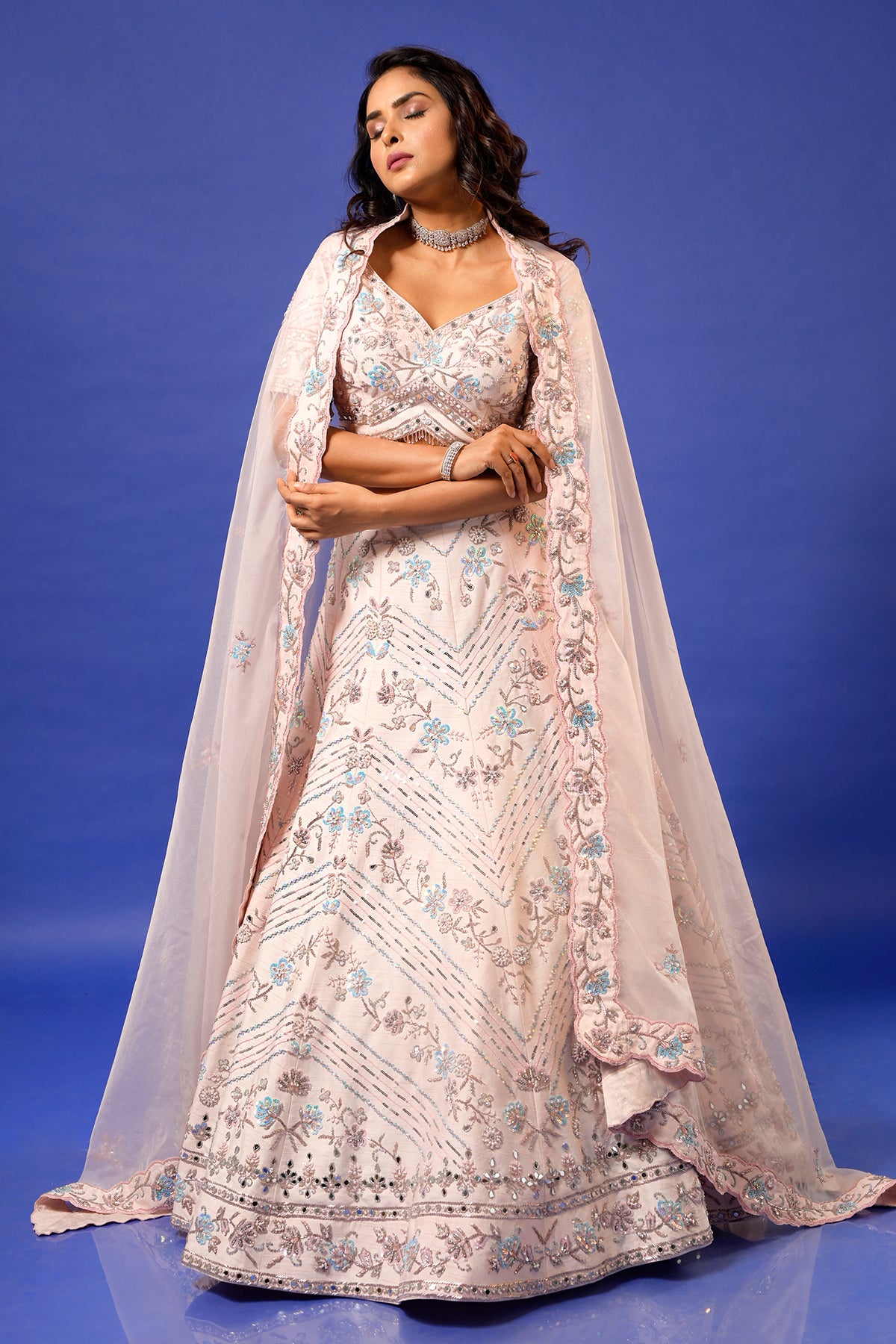 PANIHARI-Light Pink Geometric Embroidered Lehenga Set in Raw Silk