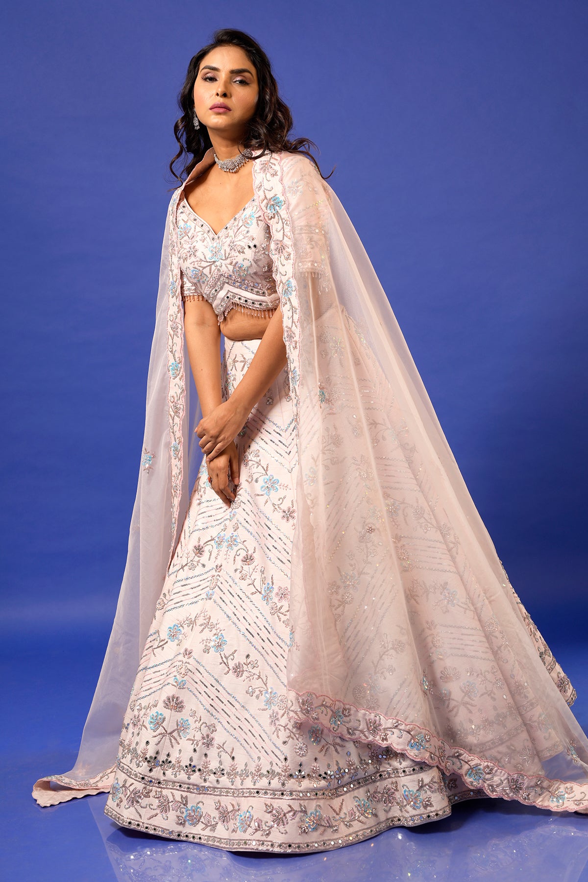 PANIHARI -- Light Pink Geometric Embroidered Lehenga Set in Raw Silk