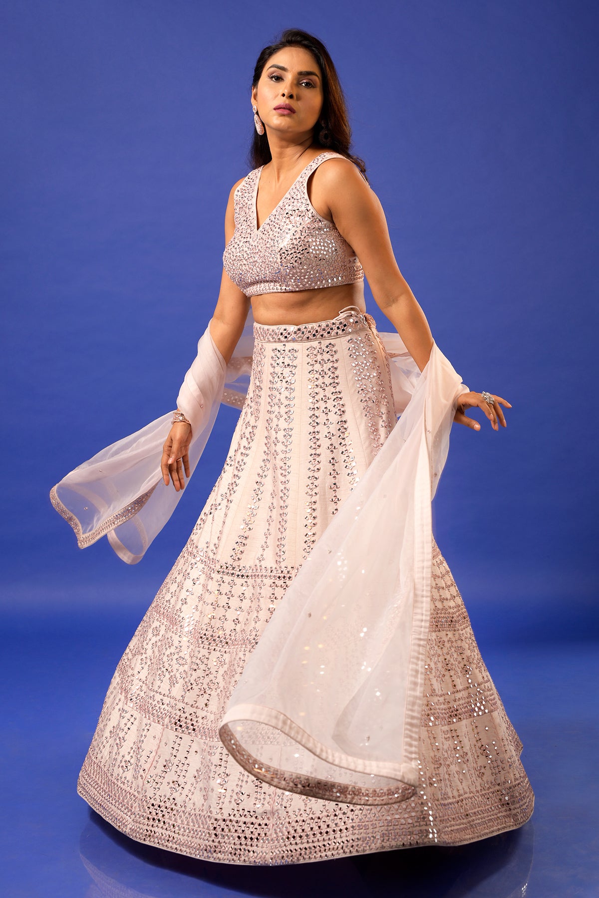 PANIHARI Champagne Pink Mirror Work Lehenga Set