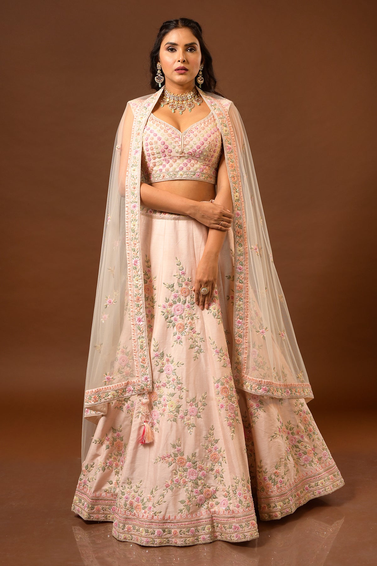 PANIHARI Light Peach Embroidered Lehenga Set in Raw Silk