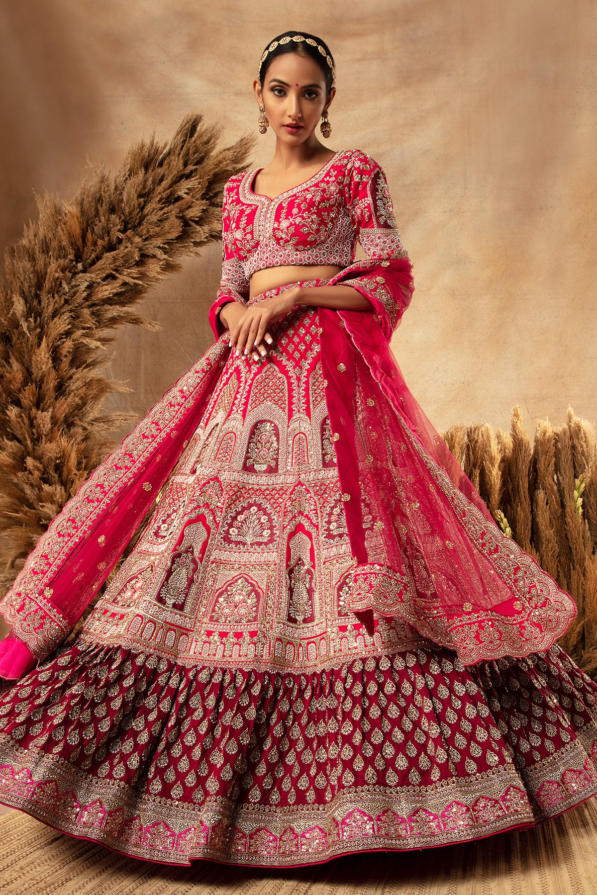 Panihar-Rani Pink and Maroon Embroidered Rajwadi Bridal Lehenga Set in Raw Silk