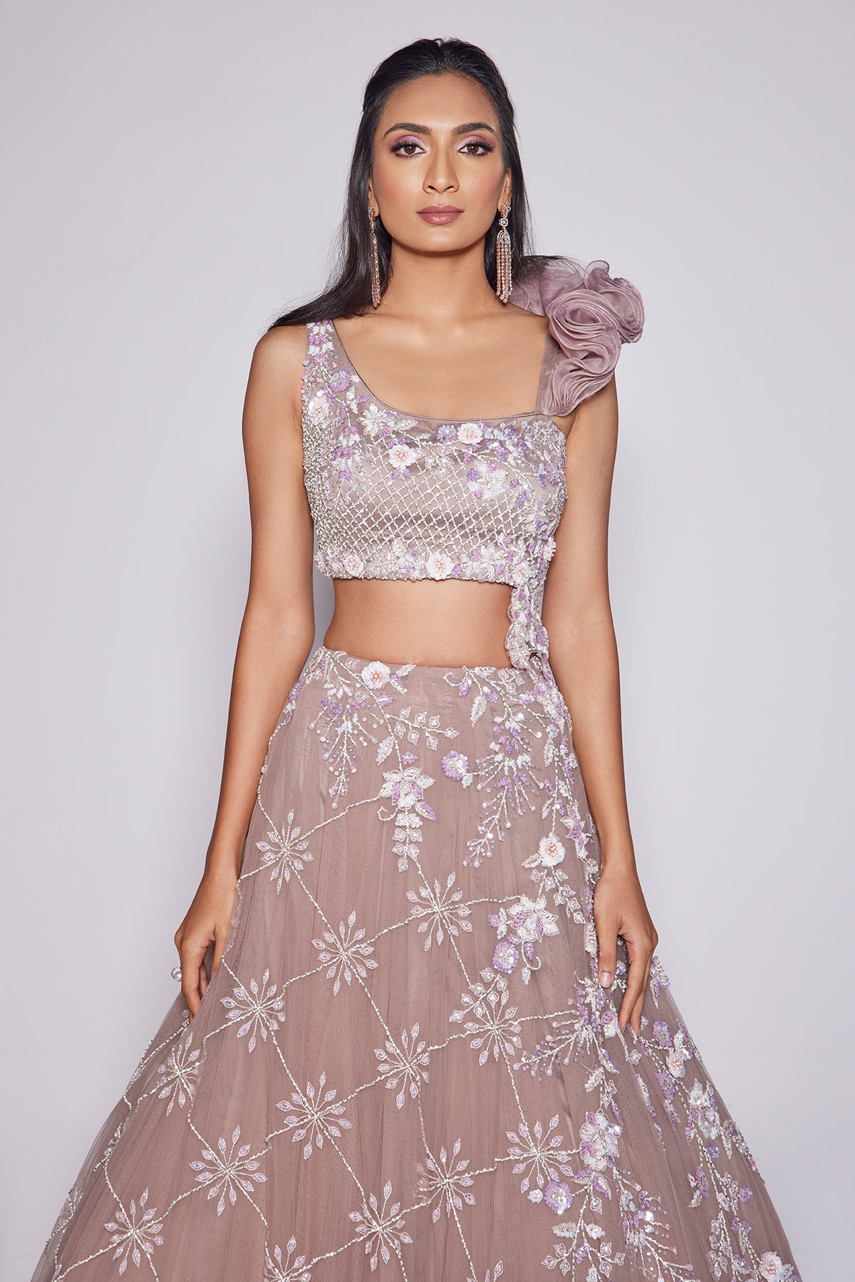 Panihari---Rosy Brown Embroidered Lehenga With Blouse and One Side Ruffle Sleeve