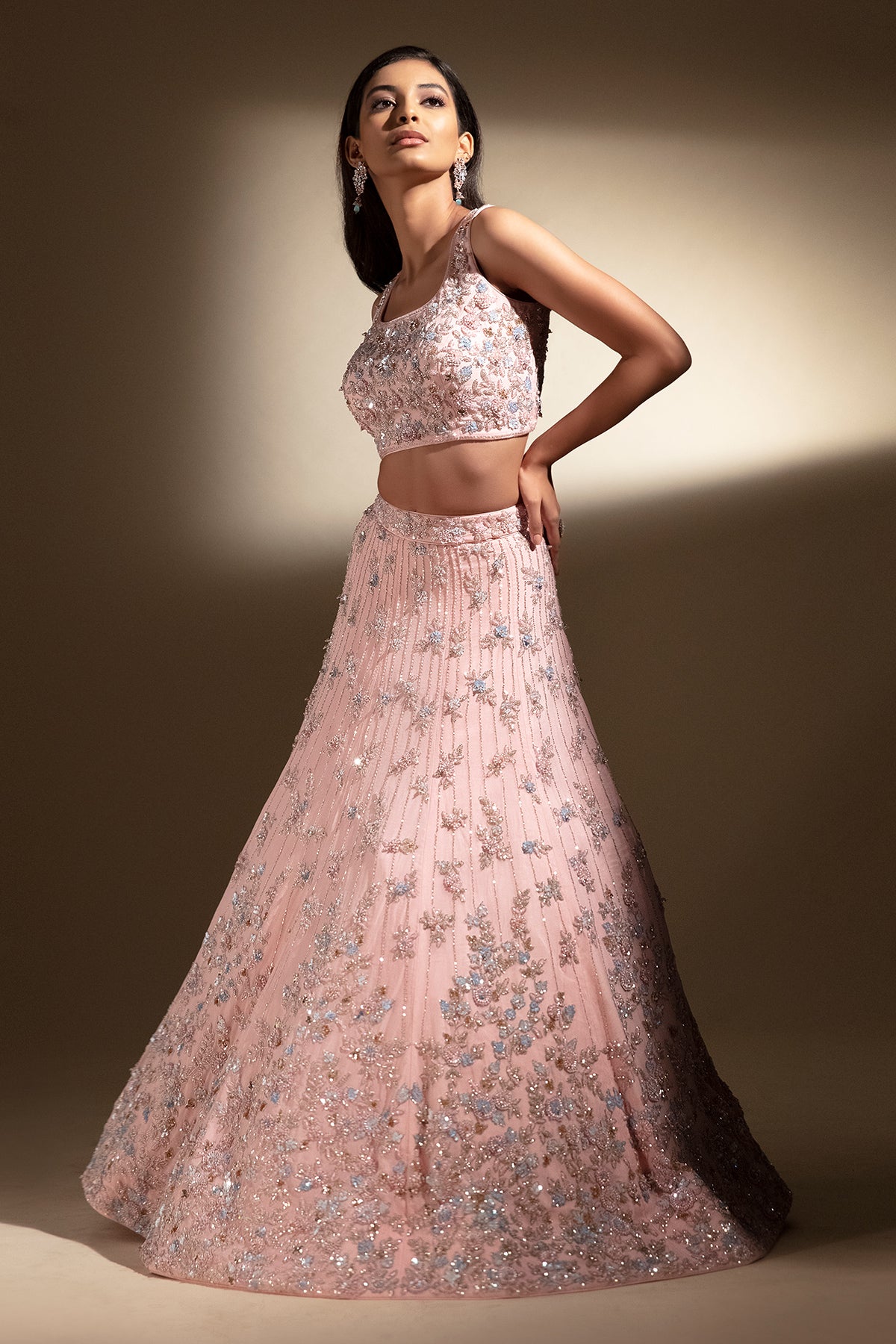 Panihari--Baby Pink Hand Embroidered Lehenga Set