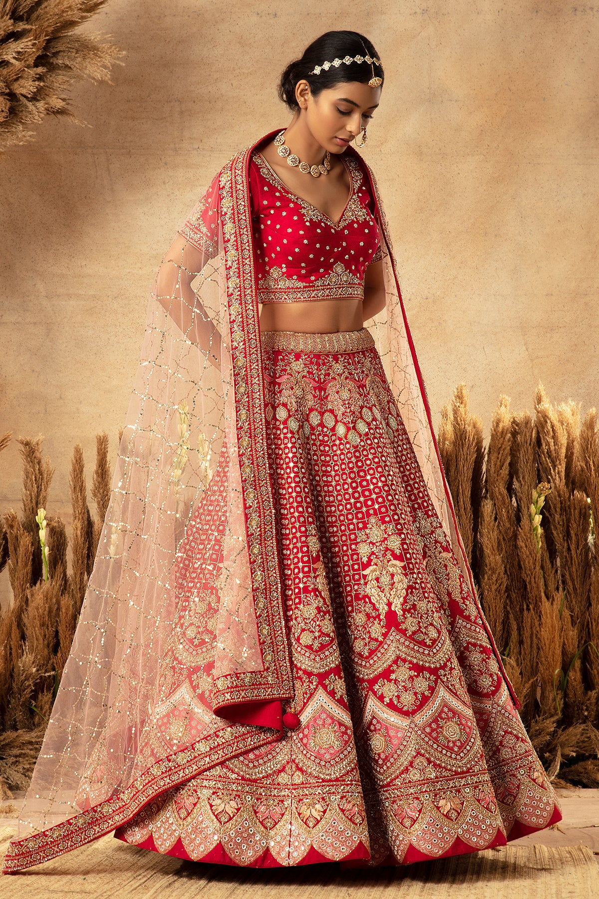 Panihari--Blood Red Bridal Lehenga in Raw Silk With Hand Embroidery