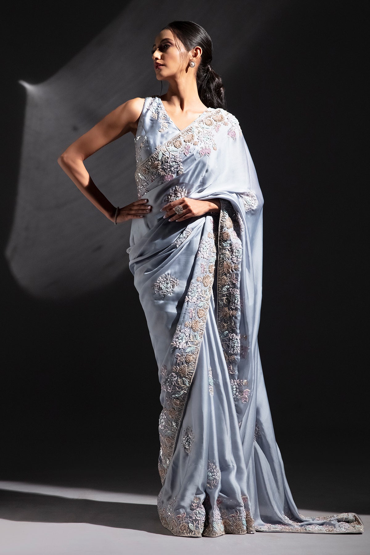 Celestial Blue Embroidered Saree Set